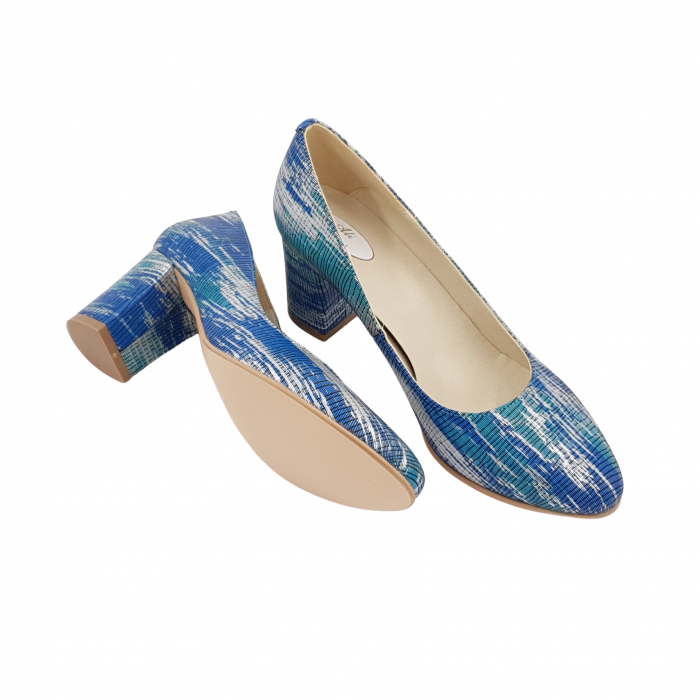 Pantofi damă eleganți, piele naturală, toc gros, argint, turcoaz, albastru, Sandali [4]