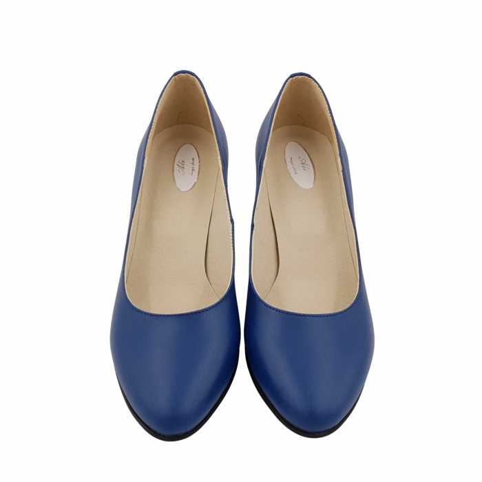 Pantofi damă eleganți, piele naturală, toc gros îmbrăcat, albastru cu flori albastre, Sandali [3]