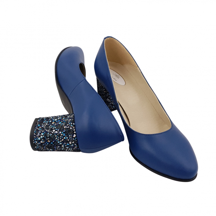 Pantofi damă eleganți, piele naturală, toc gros îmbrăcat, albastru cu flori albastre, Sandali [4]
