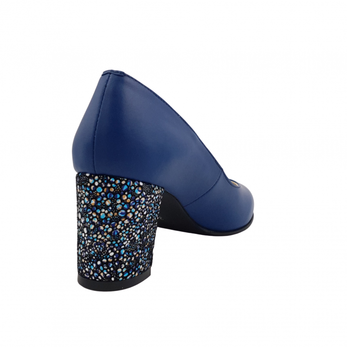 Pantofi damă eleganți, piele naturală, toc gros îmbrăcat, albastru cu flori albastre, Sandali [2]