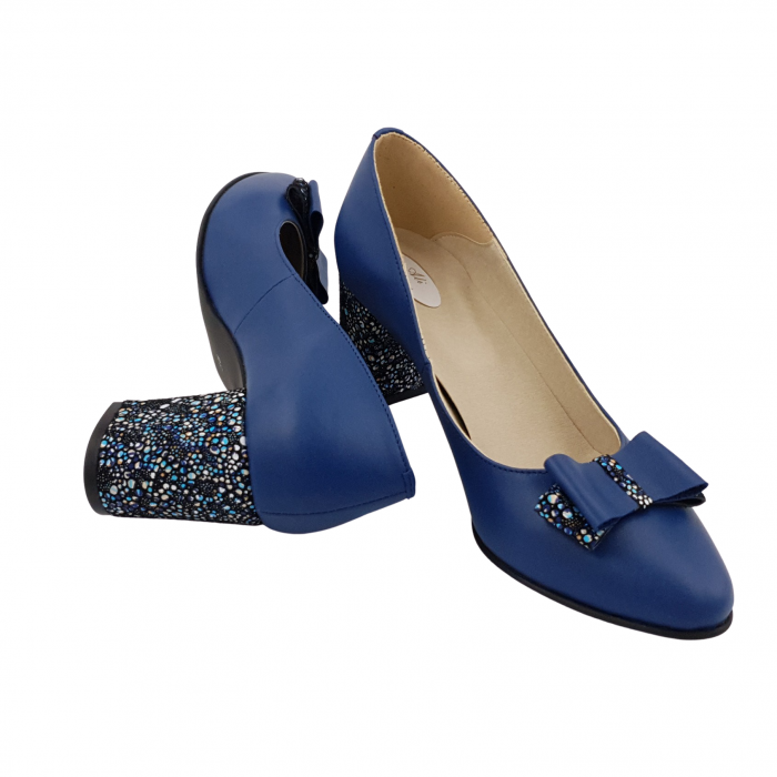 Pantofi damă eleganți, piele naturală, toc gros îmbrăcat, fundă, albastru cu flori albastre, Sandali [4]