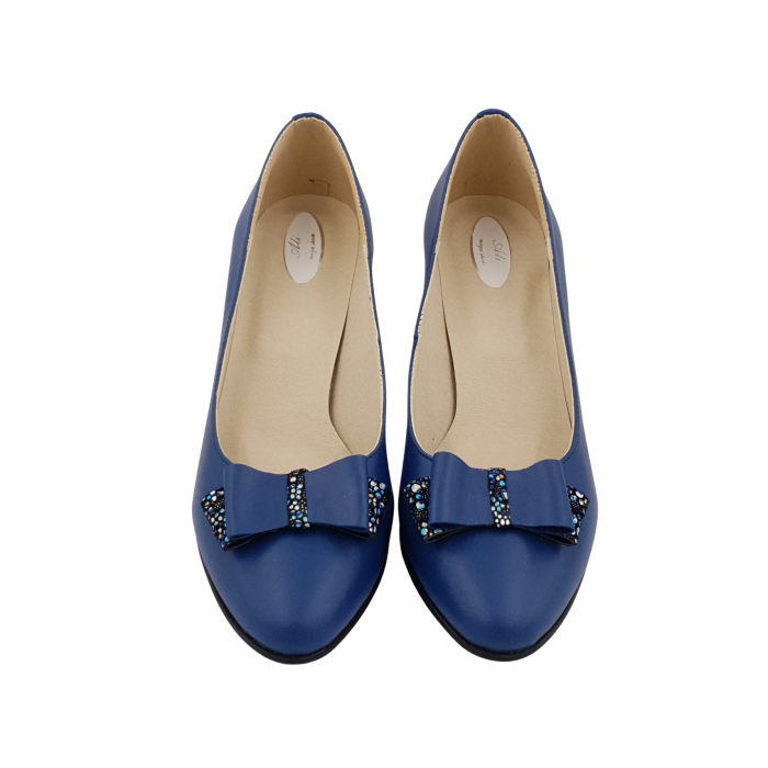 Pantofi damă eleganți, piele naturală, toc gros îmbrăcat, fundă, albastru cu flori albastre, Sandali [3]