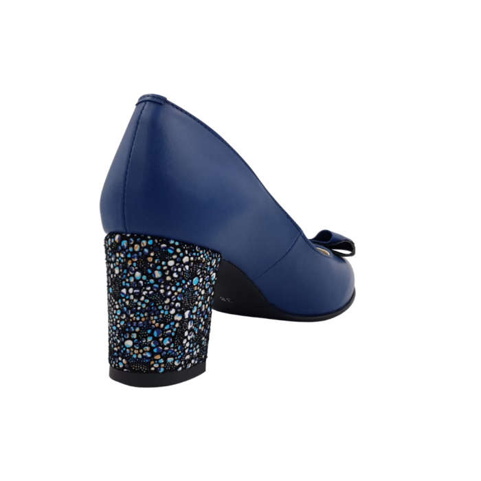Pantofi damă eleganți, piele naturală, toc gros îmbrăcat, fundă, albastru cu flori albastre, Sandali [2]