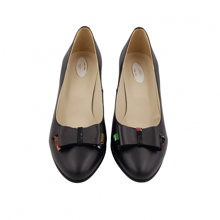 Pantofi damă eleganți, piele naturală, toc gros îmbrăcat, fundă, negru cu pătrățele colorate, Sandali [3]