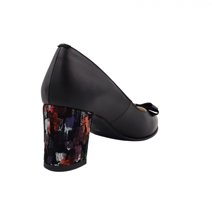 Pantofi damă eleganți, piele naturală, toc gros îmbrăcat, fundă, negru cu pătrățele colorate, Sandali [2]