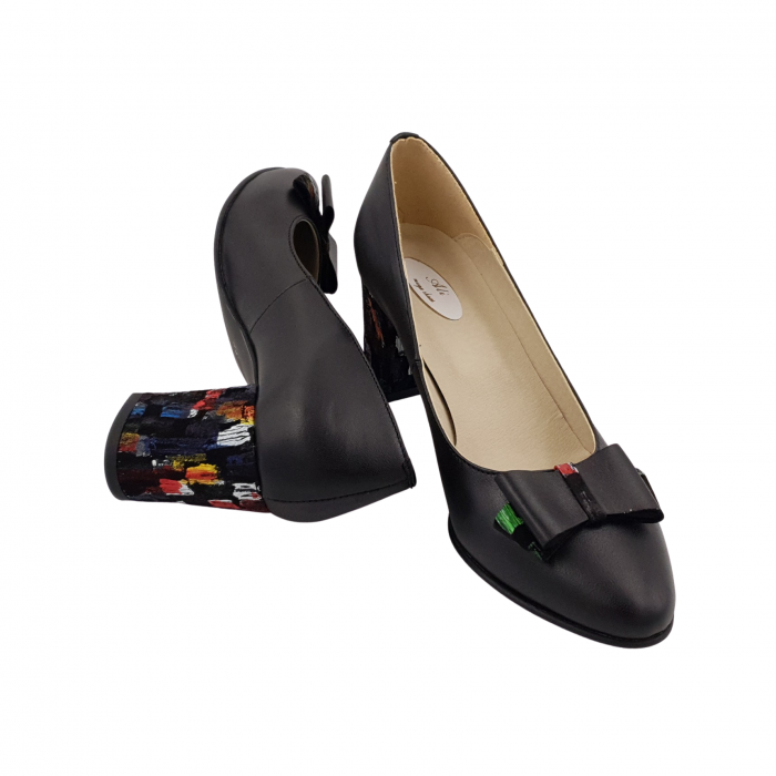 Pantofi damă eleganți, piele naturală, toc gros îmbrăcat, fundă, negru cu pătrățele colorate, Sandali [4]