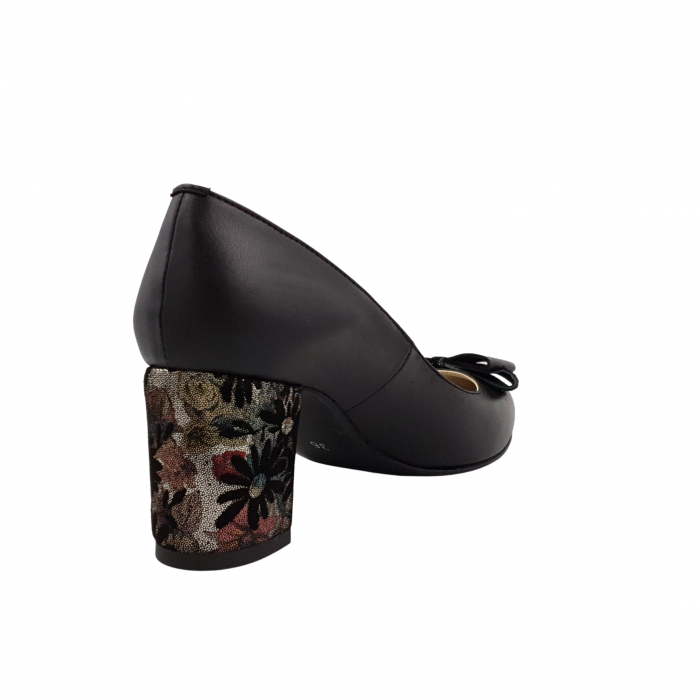 Pantofi damă eleganți, piele naturală, toc gros îmbrăcat, fundă, negru floral, Sandali [2]