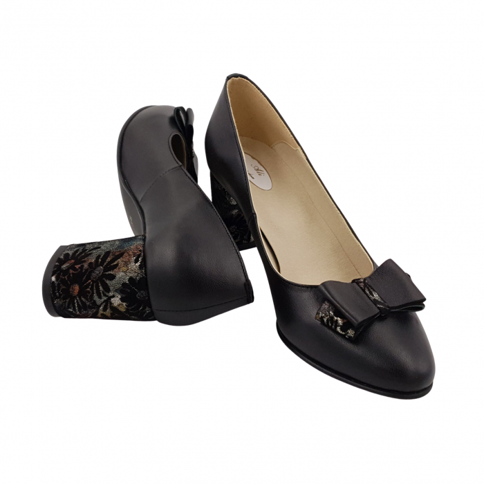 Pantofi damă eleganți, piele naturală, toc gros îmbrăcat, fundă, negru floral, Sandali [4]