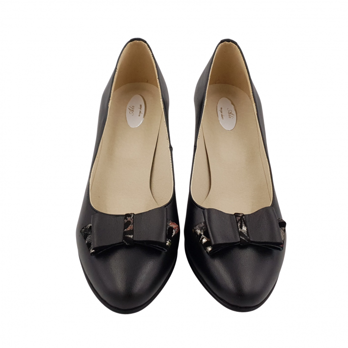Pantofi damă eleganți, piele naturală, toc gros îmbrăcat, fundă, negru floral, Sandali [3]