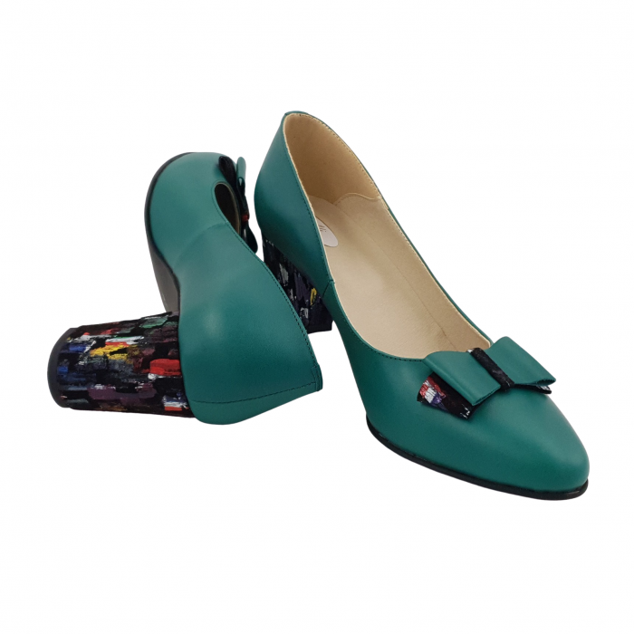 Pantofi damă eleganți, piele naturală, toc gros îmbrăcat, fundă, picasso, verde, Sandali [4]