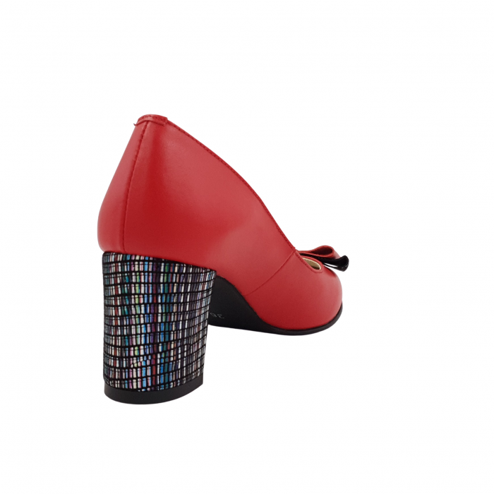 Pantofi damă eleganți, piele naturală, toc gros îmbrăcat, fundă, roșu cu linii colorate, Sandali [2]