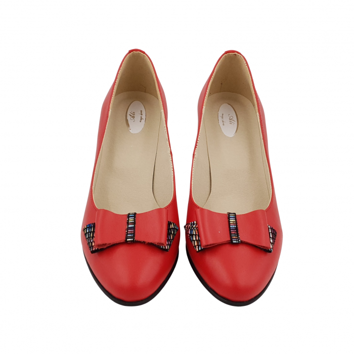 Pantofi damă eleganți, piele naturală, toc gros îmbrăcat, fundă, roșu cu linii colorate, Sandali [3]