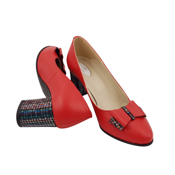 Pantofi damă eleganți, piele naturală, toc gros îmbrăcat, fundă, roșu cu linii colorate, Sandali [4]