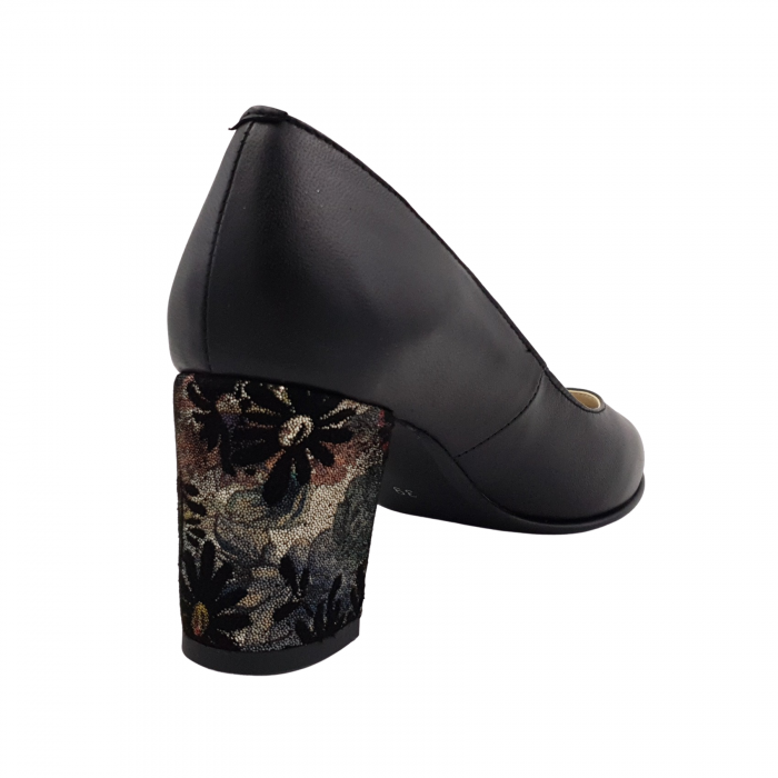 Pantofi damă eleganți, piele naturală, toc gros îmbrăcat, negru floral, Sandali [2]