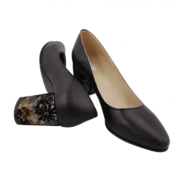 Pantofi damă eleganți, piele naturală, toc gros îmbrăcat, negru floral, Sandali [4]
