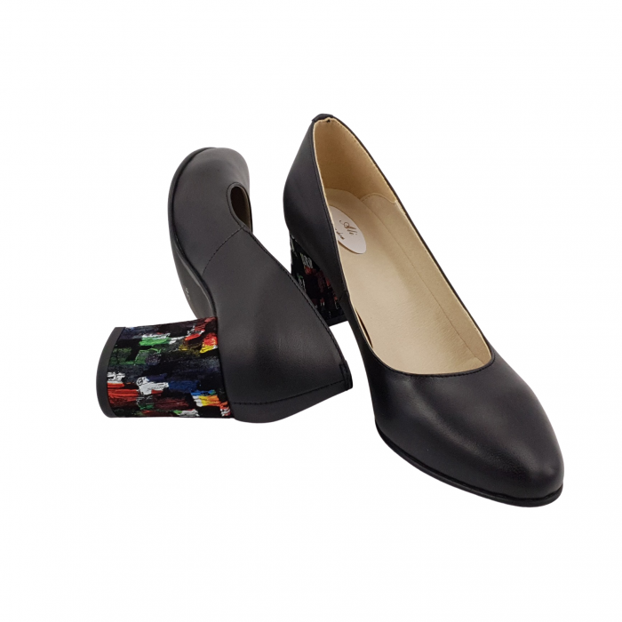 Pantofi damă eleganți, piele naturală, toc gros îmbrăcat, negru cu pătrățele colorate, Sandali [3]