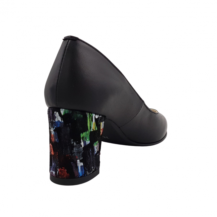 Pantofi damă eleganți, piele naturală, toc gros îmbrăcat, negru cu pătrățele colorate, Sandali [2]