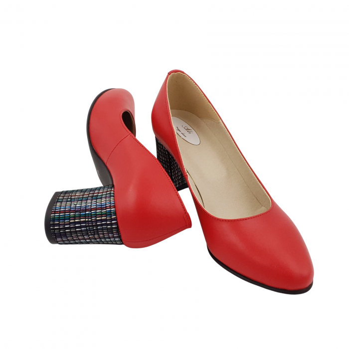 Pantofi damă eleganți, piele naturală, toc gros îmbrăcat, roșu cu linii colorate, Sandali [4]