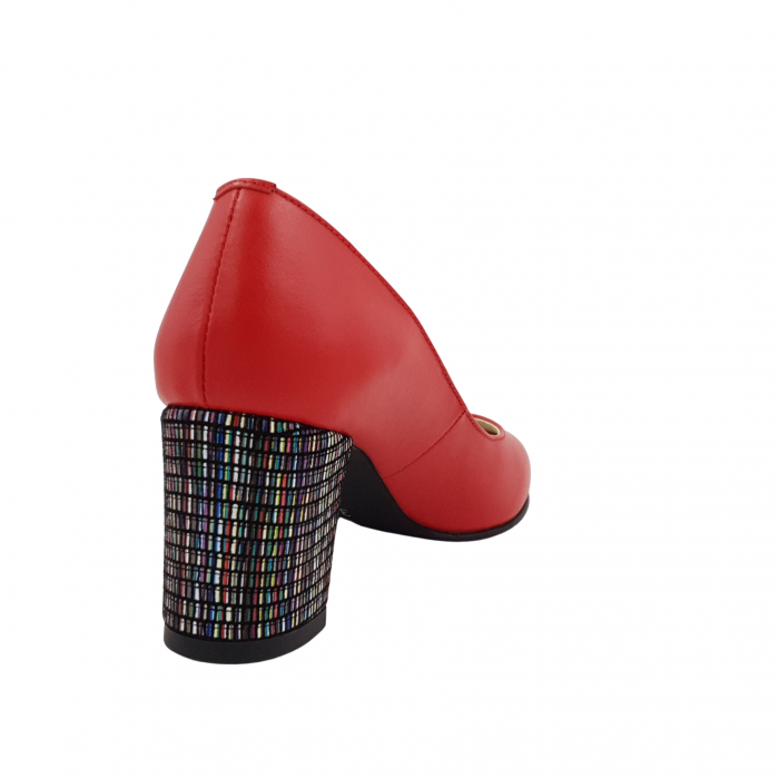 Pantofi damă eleganți, piele naturală, toc gros îmbrăcat, roșu cu linii colorate, Sandali [2]