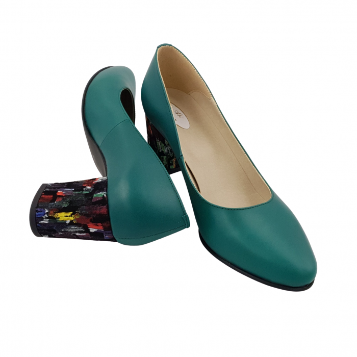 Pantofi damă eleganți, piele naturală, toc gros îmbrăcat, verde cu pătratele colorate, Sandali [4]
