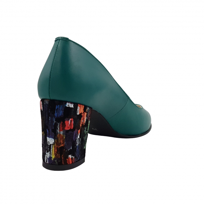 Pantofi damă eleganți, piele naturală, toc gros îmbrăcat, verde cu pătratele colorate, Sandali [2]