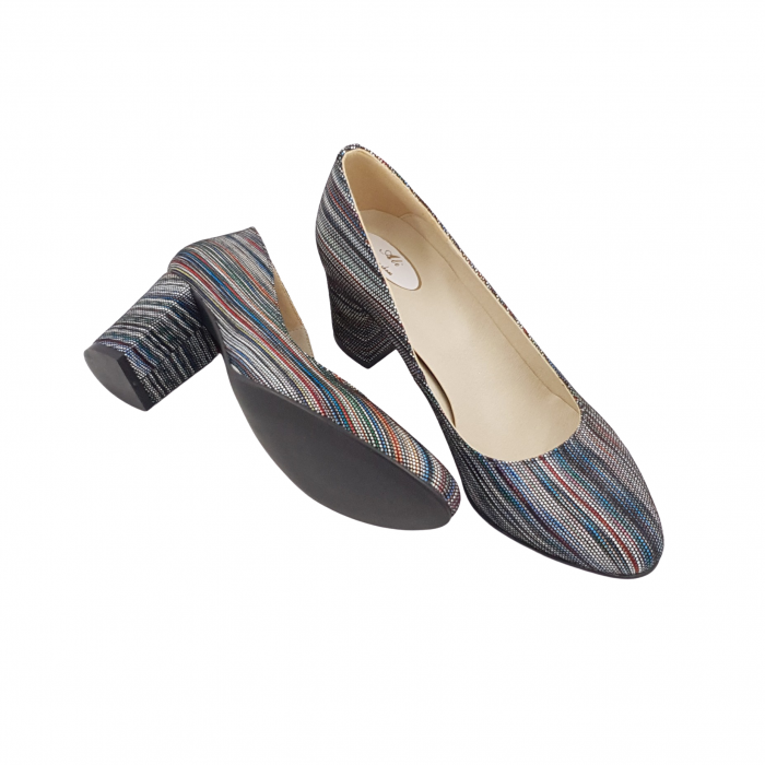 Pantofi damă eleganți, piele naturală, toc gros, linii colorate, Sandali [4]