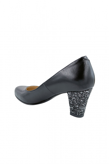 Pantofi dama eleganti, piele naturala, toc mediu gros imbracat cu glitter argintiu, negru, Sandali [3]