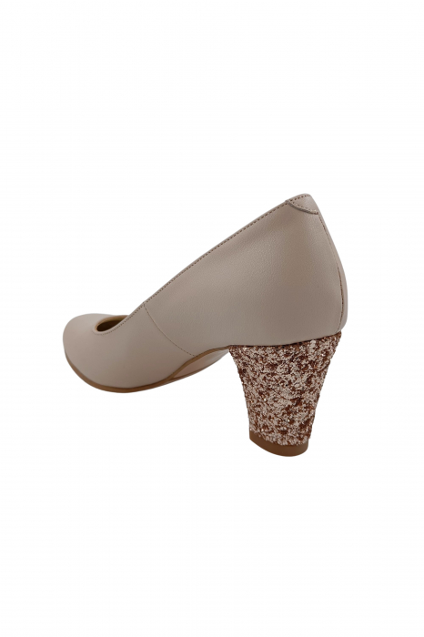 Pantofi dama eleganti, piele naturala, toc mediu gros imbracat cu glitter roz, bej, Sandali [3]