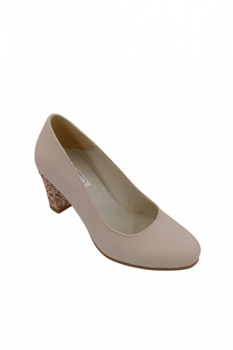 Pantofi dama eleganti, piele naturala, toc mediu gros imbracat cu glitter roz, bej, Sandali [2]
