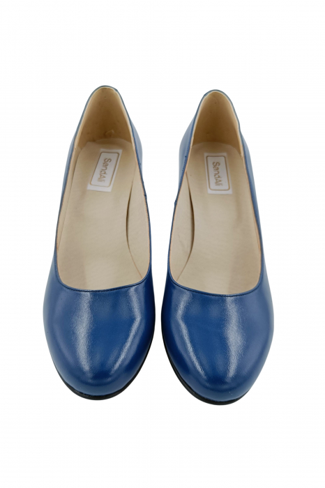 Pantofi dama eleganti, piele naturala, toc mediu gros imbracat imprimeu de flori albastre, albastru, Sandali [4]