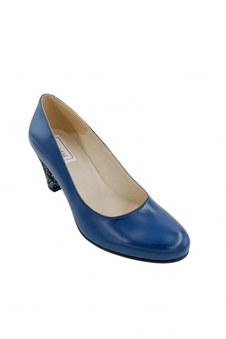 Pantofi dama eleganti, piele naturala, toc mediu gros imbracat imprimeu de flori albastre, albastru, Sandali [2]