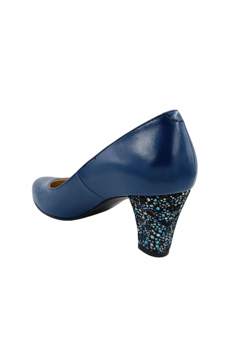 Pantofi dama eleganti, piele naturala, toc mediu gros imbracat imprimeu de flori albastre, albastru, Sandali [3]