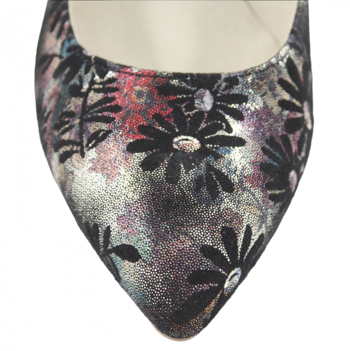 Pantofi damă eleganți, piele naturală, vârf ascuțit, toc gros, negru floral, SANDALI [3]
