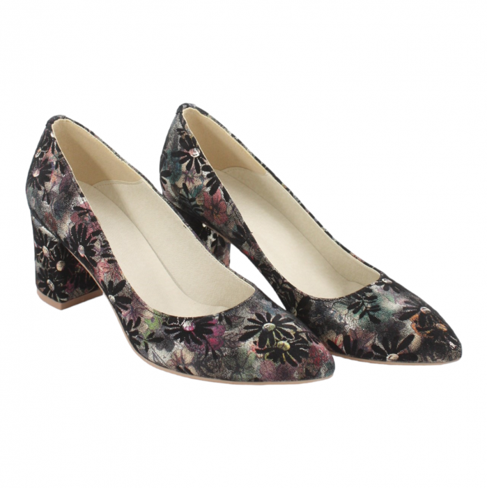 Pantofi damă eleganți, piele naturală, vârf ascuțit, toc gros, negru floral, SANDALI [2]