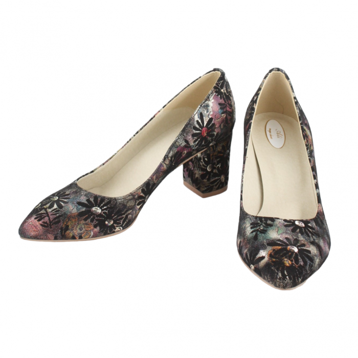 Pantofi damă eleganți, piele naturală, vârf ascuțit, toc gros, negru floral, SANDALI [4]