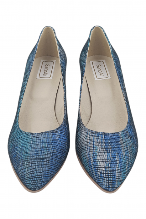 Pantofi damă eleganți, piele naturală, vârf migdalat, toc gros îmbrăcat ,albastru, turcoaz și argintiu, SANDALI [4]