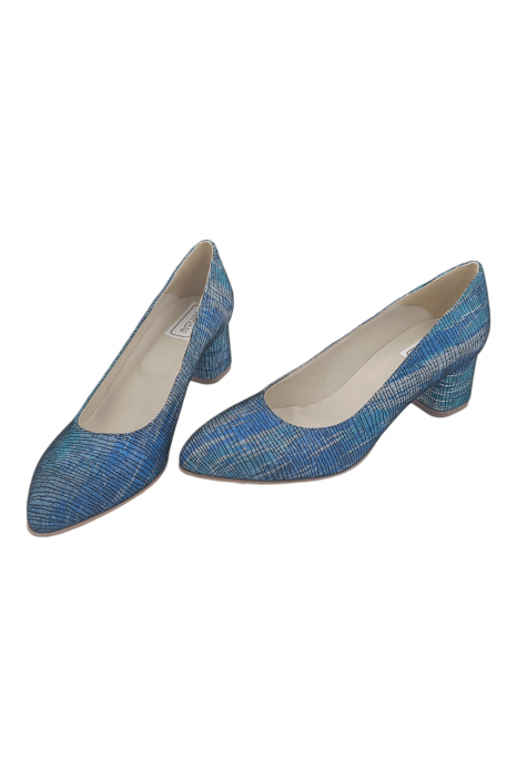 Pantofi damă eleganți, piele naturală, vârf migdalat, toc gros îmbrăcat ,albastru, turcoaz și argintiu, SANDALI [5]