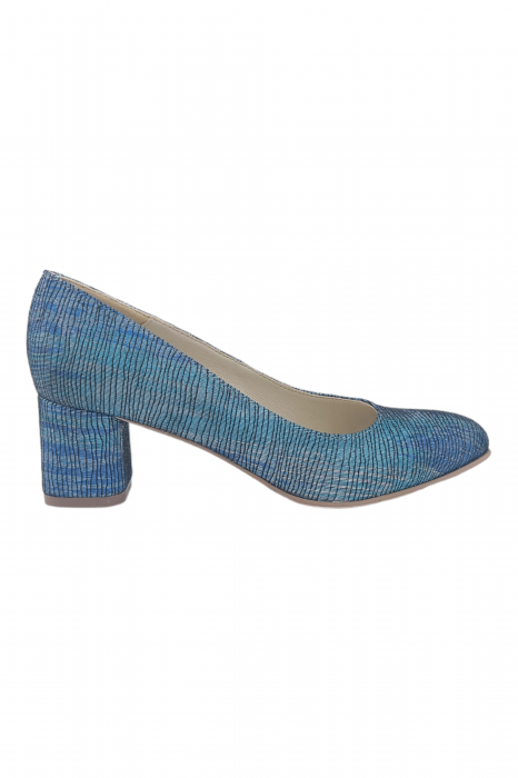 Pantofi damă eleganți, piele naturală, vârf migdalat, toc gros îmbrăcat ,albastru, turcoaz și argintiu, SANDALI [2]