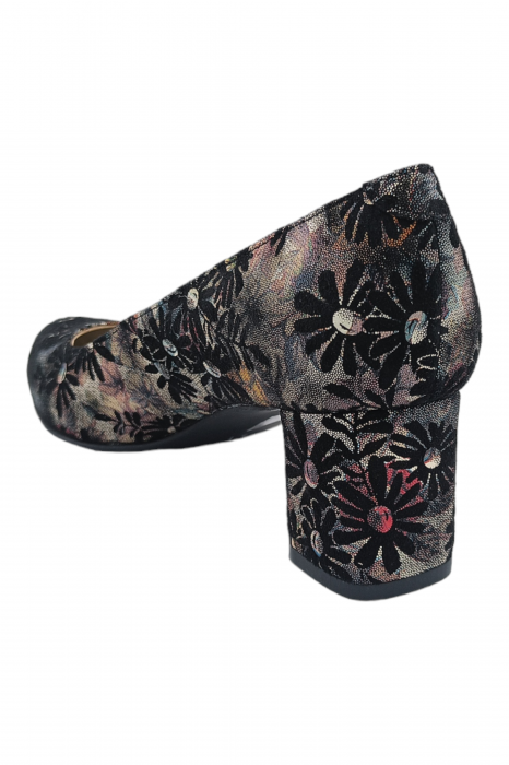 Pantofi damă eleganți, piele naturală, vârf migdalat, toc gros îmbrăcat, imprimeu floral. SANDALI [3]