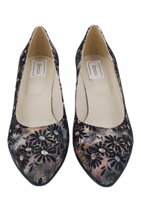 Pantofi damă eleganți, piele naturală, vârf migdalat, toc gros îmbrăcat, imprimeu floral. SANDALI [4]
