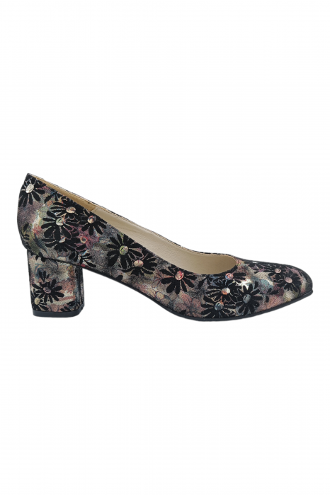 Pantofi damă eleganți, piele naturală, vârf migdalat, toc gros îmbrăcat, imprimeu floral. SANDALI [2]