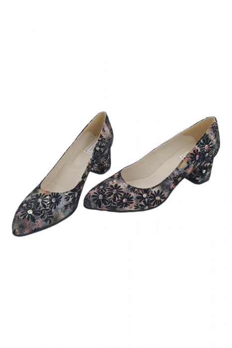 Pantofi damă eleganți, piele naturală, vârf migdalat, toc gros îmbrăcat, imprimeu floral. SANDALI [5]