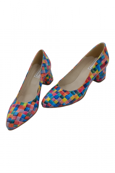 Pantofi damă eleganți, piele naturală, vârf migdalat, toc gros îmbrăcat, imprimeu pastel. SANDALI [5]