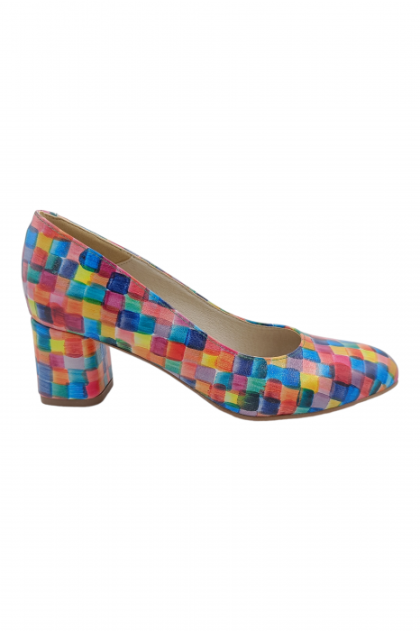 Pantofi damă eleganți, piele naturală, vârf migdalat, toc gros îmbrăcat, imprimeu pastel. SANDALI [2]
