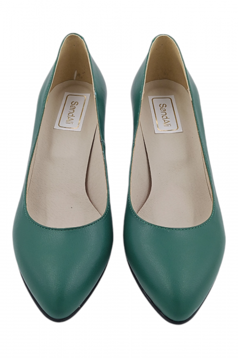 Pantofi damă eleganți, piele naturală, vârf migdalat, toc gros îmbrăcat , verde [4]