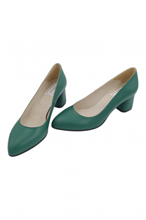 Pantofi damă eleganți, piele naturală, vârf migdalat, toc gros îmbrăcat , verde [5]
