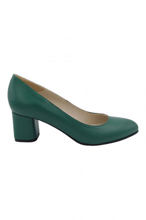 Pantofi damă eleganți, piele naturală, vârf migdalat, toc gros îmbrăcat , verde [2]