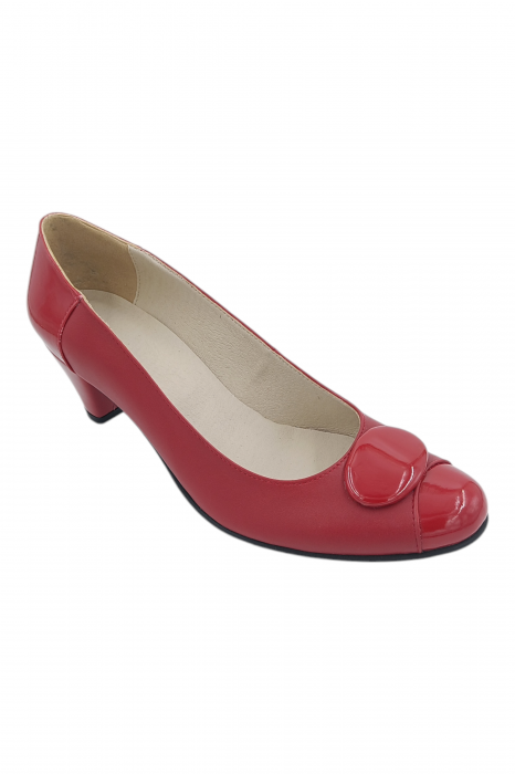 Pantofi damă eleganți, piele naturală cu lac, vârf rotund, toc mic si conic, rosu [3]