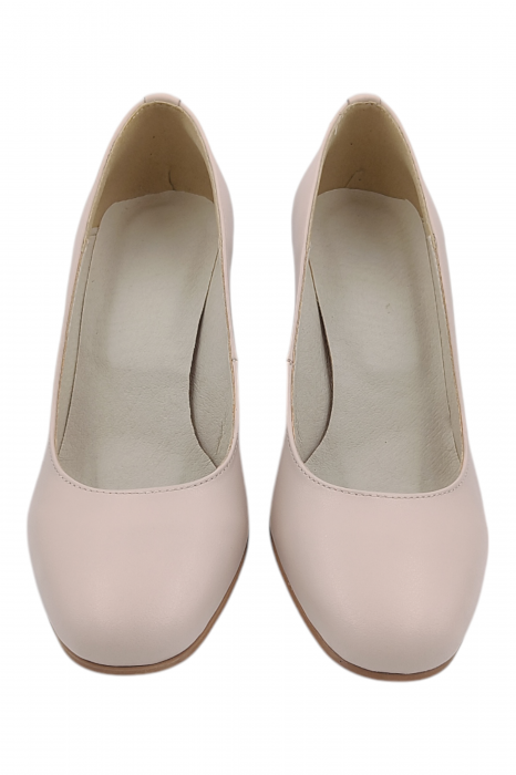 Pantofi damă eleganți, piele naturală, vârf pătrat, toc gros îmbrăcat, bej roz [5]
