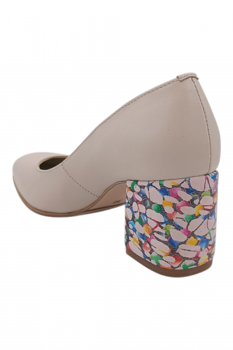 Pantofi damă eleganți, piele naturală, vârf pătrat, toc gros îmbrăcat, bej roz [4]